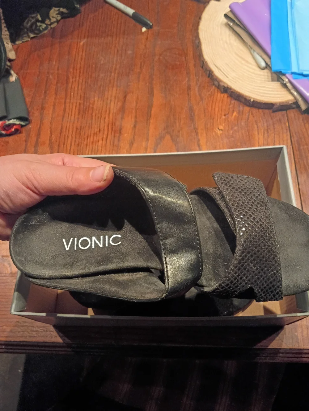Vionic Black Wedge Sandals with Textured Straps and Velcro